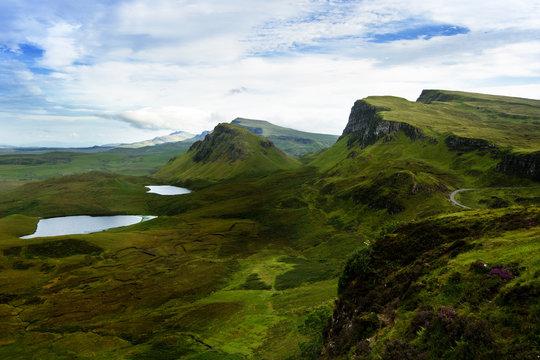  Tourists favourite place in Scotland - Isle of Skye. Scotland green nature. Top of the mountains. Beautiful nature. Scottish Highlands. 