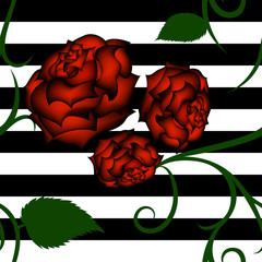 Roses seamless pattern on striped background