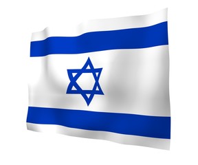 The flag of Israel. State symbol of the State of Israel. A blue Star of David between two horizontal blue stripes on a white field. 3d illustration