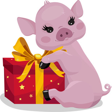 Vector illustration, little piglet with a gift, pink piggy with a red box with an yellow bow