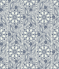Woodblock printed indigo dye seamless ethnic floral pattern. Traditional oriental wave ornament of India, elegant flowers and leaves, navy blue on ecru background. Textile design. - 222640740