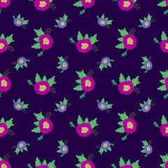 Seamless ditsy floral pattern with bright colorful flowers and leaves on black background in naive folk style. Summer template for fashion prints in vector.