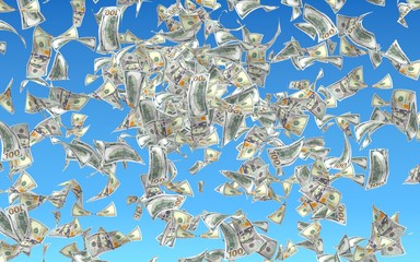 Flying dollars banknotes against the sky background. Money is flying in the air. 100 US banknotes new sample. 3D illustration