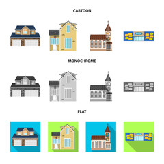 Vector illustration of building and front sign. Collection of building and roof stock symbol for web.