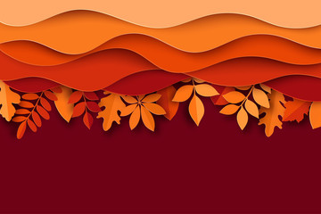 Paper autumn leaves and waves colorful background. Trendy 3d paper cut style vector illustration