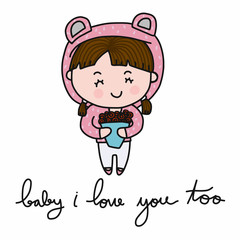 Cute girl baby I love you too with red rose flower cartoon doodle vector illustration