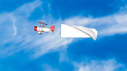toy biplane in a blue sky with a white blank banner. 3D rendering © toomler