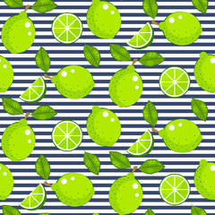Lime with green leaves on striped background. Citrus seamless vector pattern.