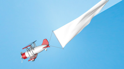 toy biplane in a blue sky with a white blank banner. 3D rendering