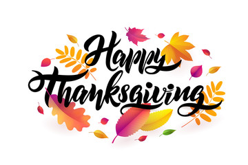 Vector Hand drawn Happy Thanksgiving typography poster with fallen leaves on white background