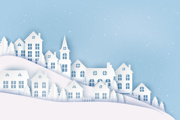 Winter urban countryside landscape, village with cute paper houses, pine trees and snow. Merry Christmas and New Year paper art background