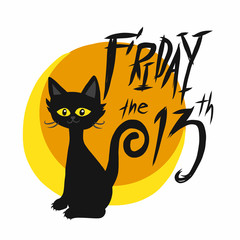 Black cat Friday 13th and full moon cartoon vector illustration 
