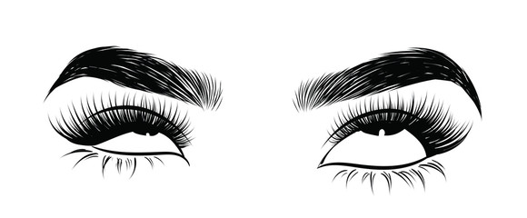 Illustration of woman's sexy expressive  eye roll with perfectly shaped eyebrows and full lashes. Hand-drawn Idea for business visit card, typography vector. Perfect salon look.Hollow style