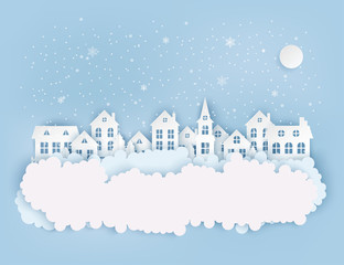 Winter urban countryside landscape, village with cute paper houses, pine trees and clouds. Merry Christmas and New Year paper art background