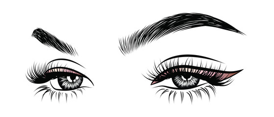 Abstract fashion illustration of the eye with creative makeup. Hand drawn vector idea for business visit cards, templates, web, salon banners,brochures. Natural eyebrows and glam eyelashes