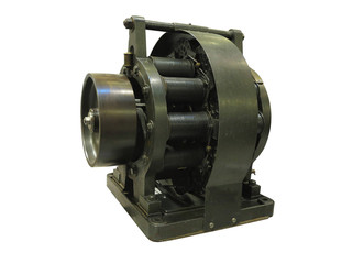 Vintage old industrial equipment powerful electric motor isolated over white