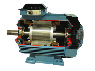 Cross-sectional profile of vintage old industrial powerful electric motor isolated over white