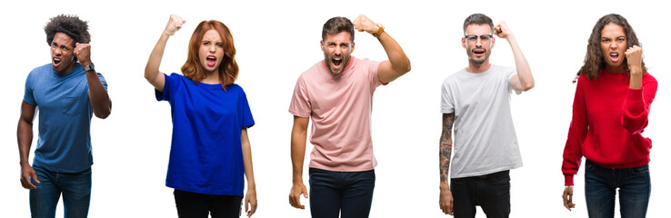 Composition of african american, hispanic and caucasian group of people over isolated white background angry and mad raising fist frustrated and furious while shouting with anger. Rage and aggressive