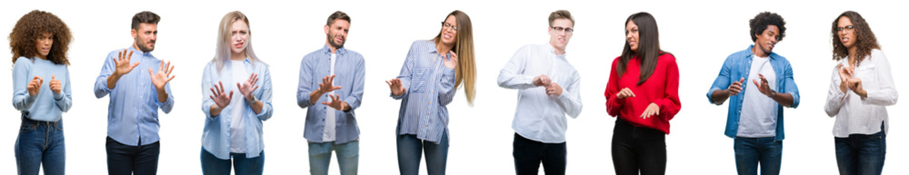 Composition Of African American, Hispanic And Caucasian Group Of People Over Isolated White Background Disgusted Expression, Displeased And Fearful Doing Disgust Face Because Aversion Reaction. 