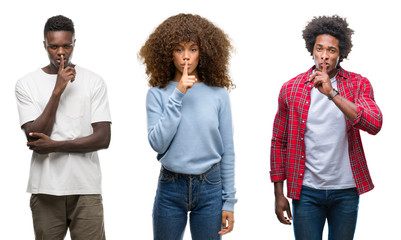 Obraz premium Collage of african american group of people over isolated background asking to be quiet with finger on lips. Silence and secret concept.