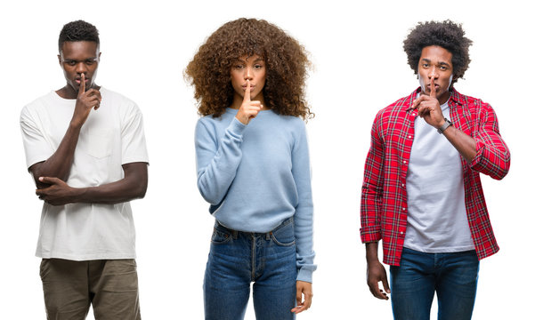 Collage of african american group of people over isolated background asking to be quiet with finger on lips. Silence and secret concept.