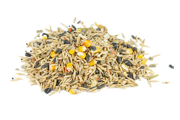 Pile of mixed bird food isolated on white background