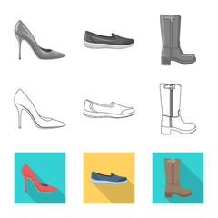 Vector design of footwear and woman logo. Collection of footwear and foot stock symbol for web.