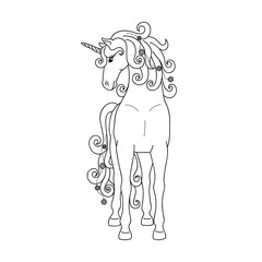 Isolated black outline standing unicorn on white background. Front view. Curve lines. Page of coloring book.