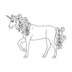 Isolated black outline standing unicorn on white background. Side view. Curve lines. Page of coloring book.