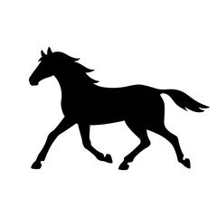Fototapeta na wymiar Isolated black silhouette of running, trotting horse on white background. Side view.