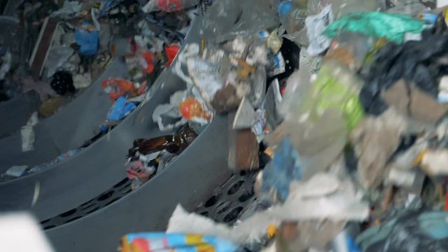 Sorting process at a recycling plant, close up.