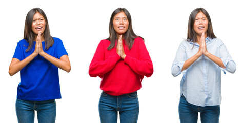 Fototapeta premium Collage of asian young woman standing over white isolated background begging and praying with hands together with hope expression on face very emotional and worried. Asking for forgiveness. Religion.