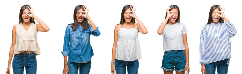 Collage of chinese asian woman over isolated background doing ok gesture with hand smiling, eye looking through fingers with happy face.