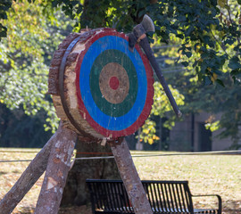 Axe throwing with wooden target, park, summer, Halifax, fun.