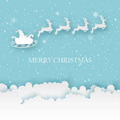 Paper Santa with deers flying in the sky. Merry Christmas and New Year background with fluffy clouds and snowflakes in modern paper art style