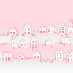 Fototapeta premium Urban countryside landscape village with cute paper houses and fluffy clouds. Romantic pastel colored paper cut background