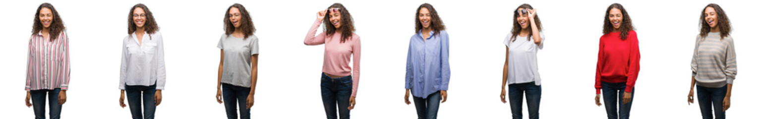 Fototapeta premium Composition of young brazilian woman isolated over white background winking looking at the camera with sexy expression, cheerful and happy face.