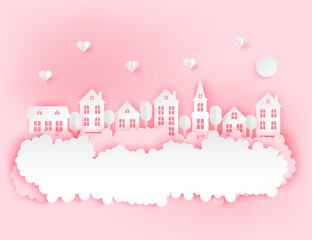 Urban countryside landscape village with cute paper houses, hearts and fluffy clouds. Romantic pastel colored paper cut background