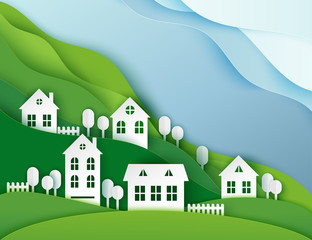 Urban countryside landscape village with cute paper houses and trees. Pastel colored paper cut background