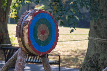 Wooden axe throwing target in park, no people, Halifax, fun.