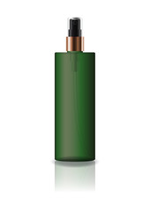 Blank green cosmetic cylinder bottle with pressed spray head for beauty or healthy product. Isolated on white background with reflection shadow. Ready to use for package design. Vector illustration.