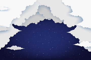 Paper  fluffy clouds and shining stars in midnight. Modern 3d origami deep paper art style. Vector illustration, dark night sky