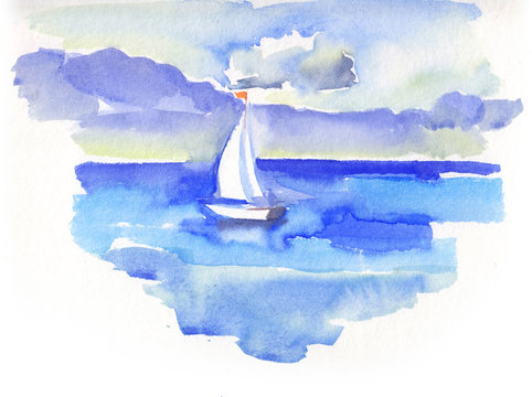 Sailing yacht in sea in watercolor style