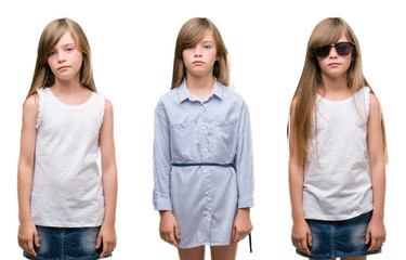 Fototapeta premium Collage of blonde girl kid over isolated background with a confident expression on smart face thinking serious