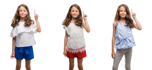 Collage of hispanic young child over isolated background showing and pointing up with finger number one while smiling confident and happy.