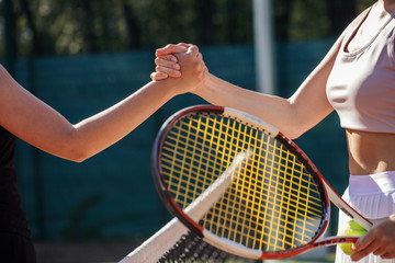 Athletes shaking hands after the contest, close up. Sport, Contest, Friendship and Peace Concept