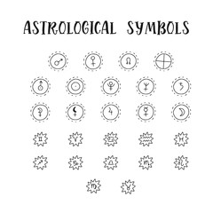 Astrology doodle symbols. Set of astrological graphic design elements. Vector icons collection.