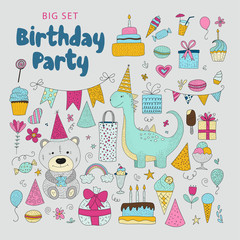 Big set of birthday party vector clip arts. Cute hand drawn animals and cartoon elements.