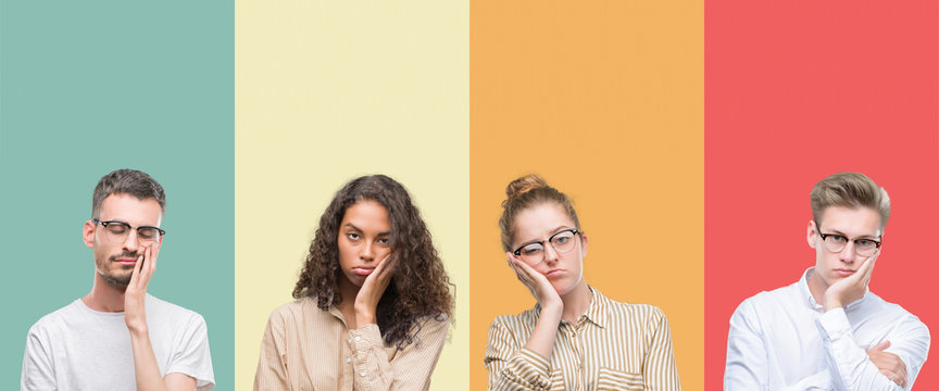 Collage of a group of people isolated over colorful background thinking looking tired and bored with depression problems with crossed arms.