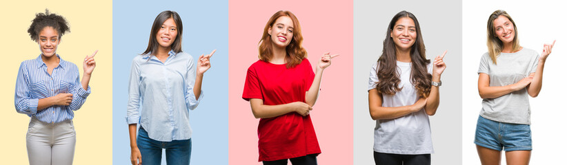 Collage of hispanic, african american, asian, indian women over vintage color background with a big smile on face, pointing with hand and finger to the side looking at the camera.